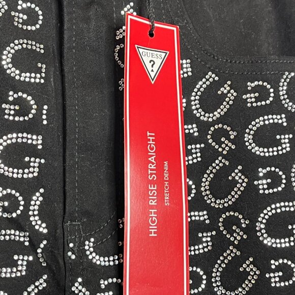 Guess Black Rhinestone Logo Jeans Women’s 2 / 26 High Rise Straight Leg Denim - Picture 3 of 10